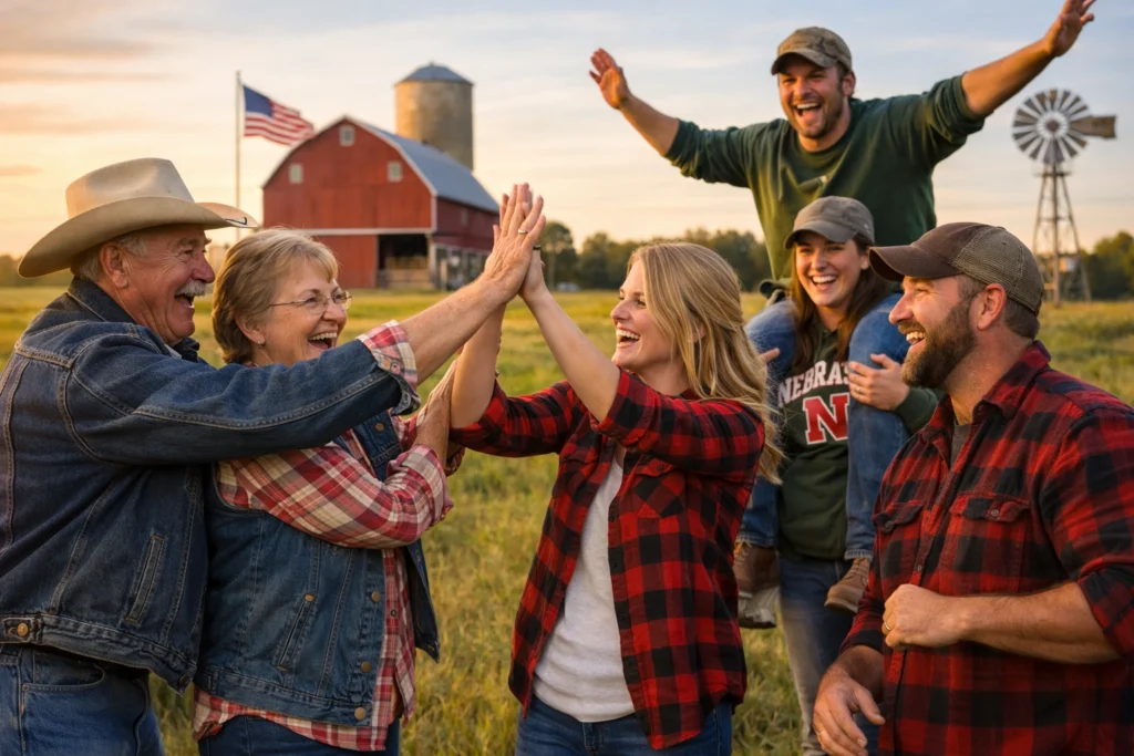 Group of adults in rural Nebraska laughing and spending time together outdoors, representing community, connection, and access to mental health care through telepsychiatry