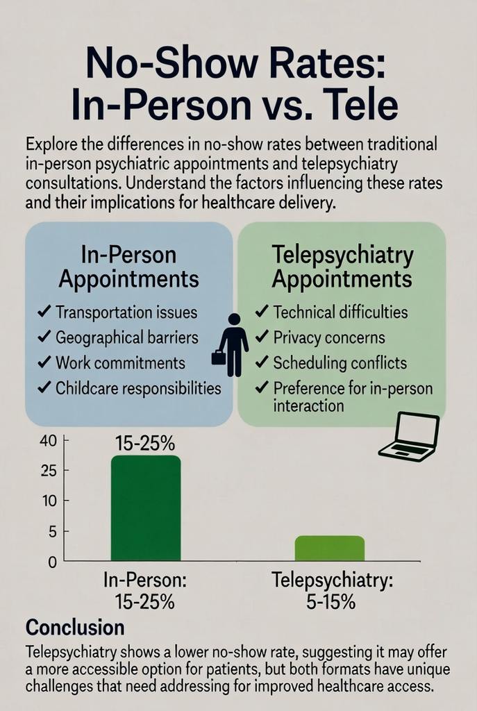 Chart comparing psychiatric appointment no-show rates, showing higher missed visits for in-person care and lower no-show rates for telepsychiatry appointments.