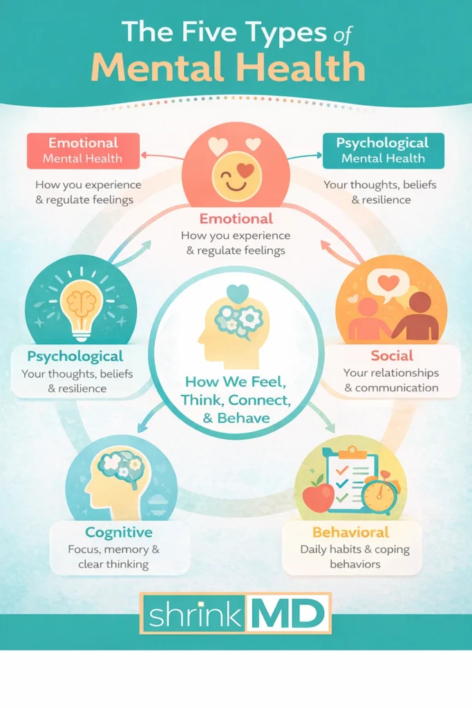 Infographic showing the five types of mental health: emotional, psychological, social, behavioral, and cognitive health and how they work together