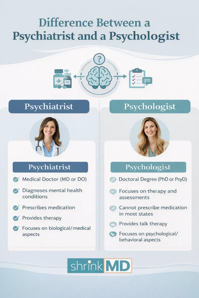 Infographic comparing psychiatrist and psychologist roles, showing differences in medical treatment, therapy, diagnosis, and mental health care approaches.